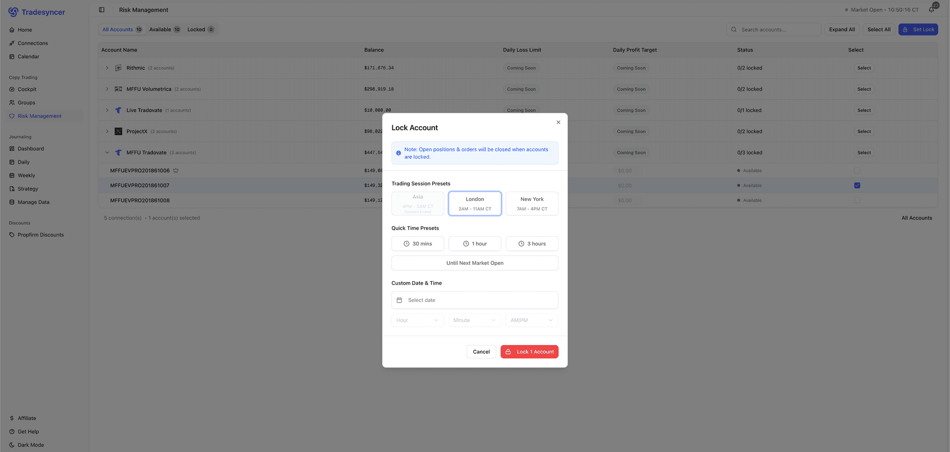 Risk management interface showing automated account lockout controls